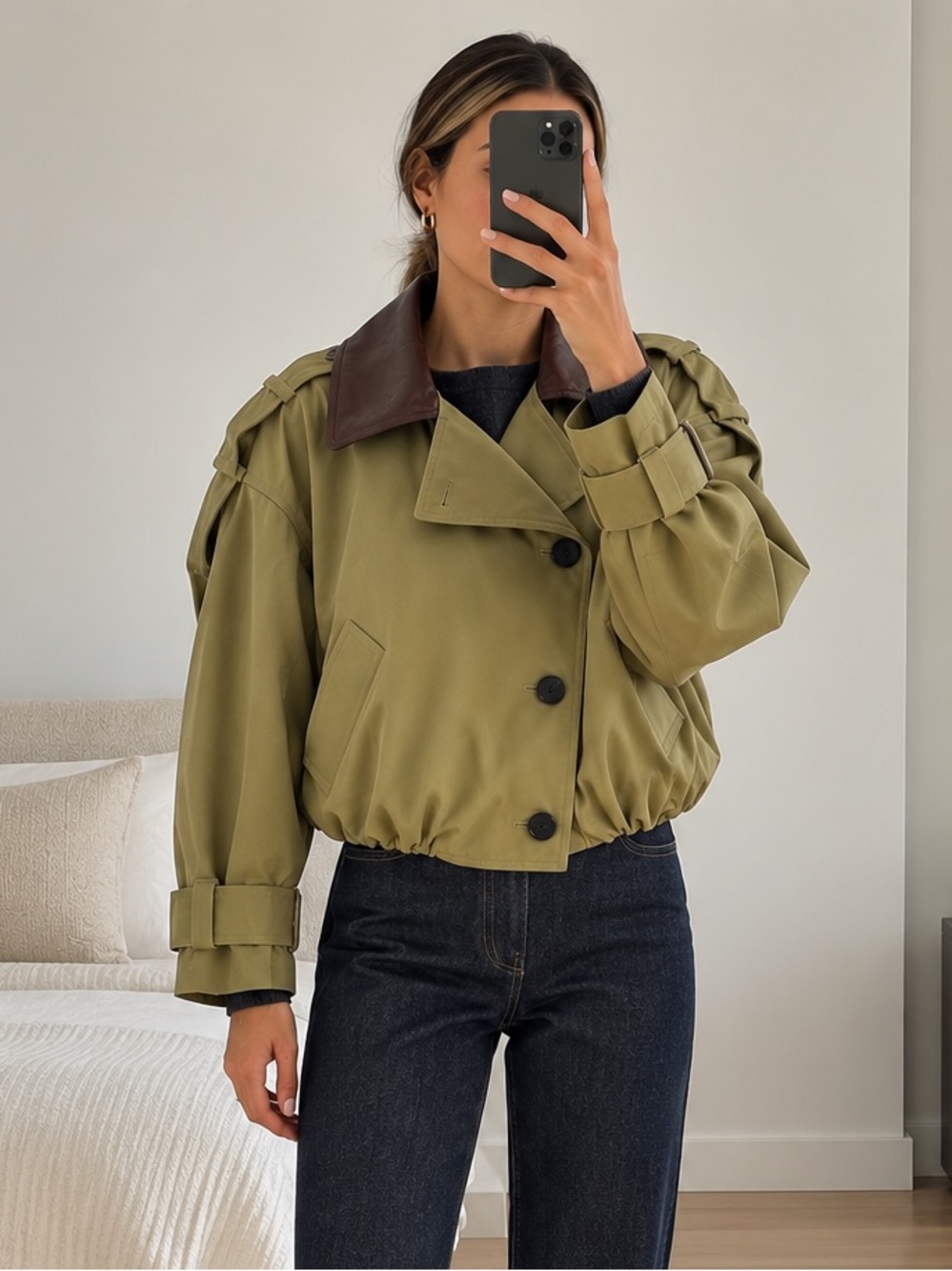 Avec Les Filles Olive Cropped Trench Jacket Brown Contrast Collar Size M NWT